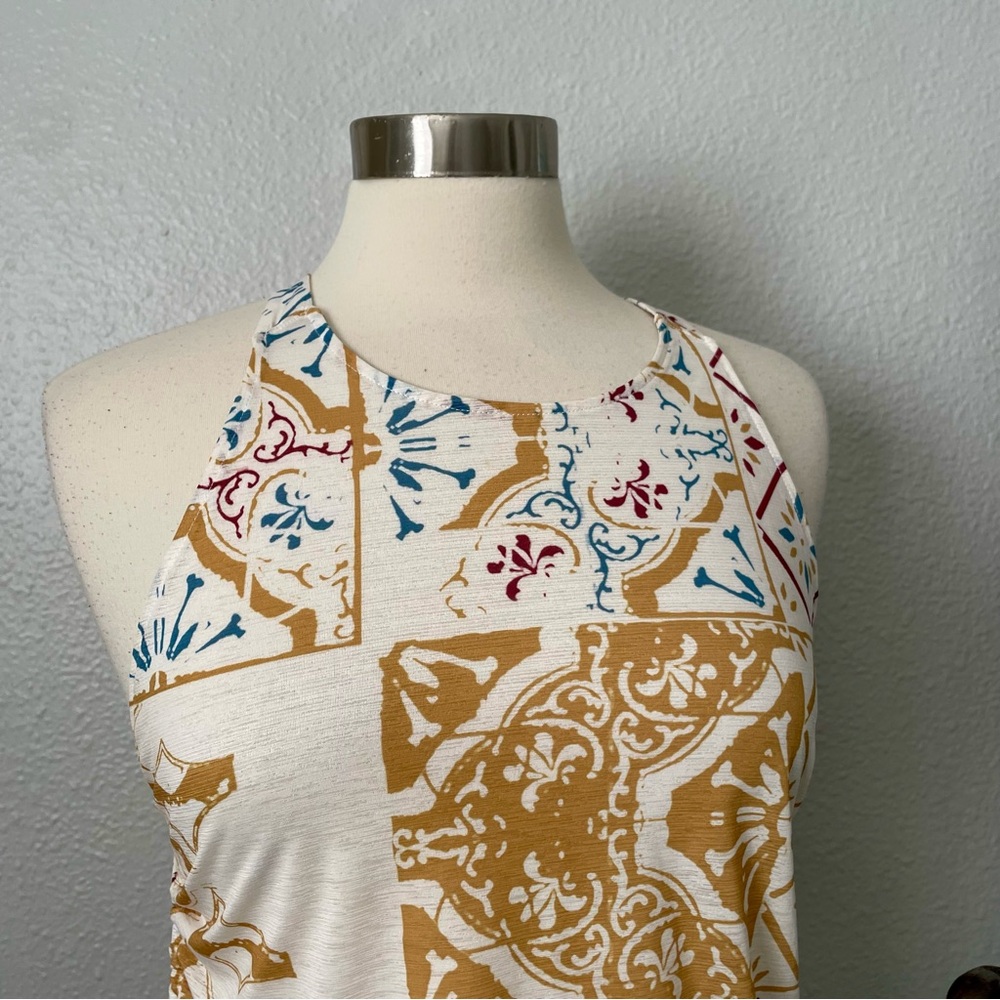 Prana Amata Cream Racerback Tank Top Shirt Mustard & Blue Tile Print Medium - Picture 2 of 10